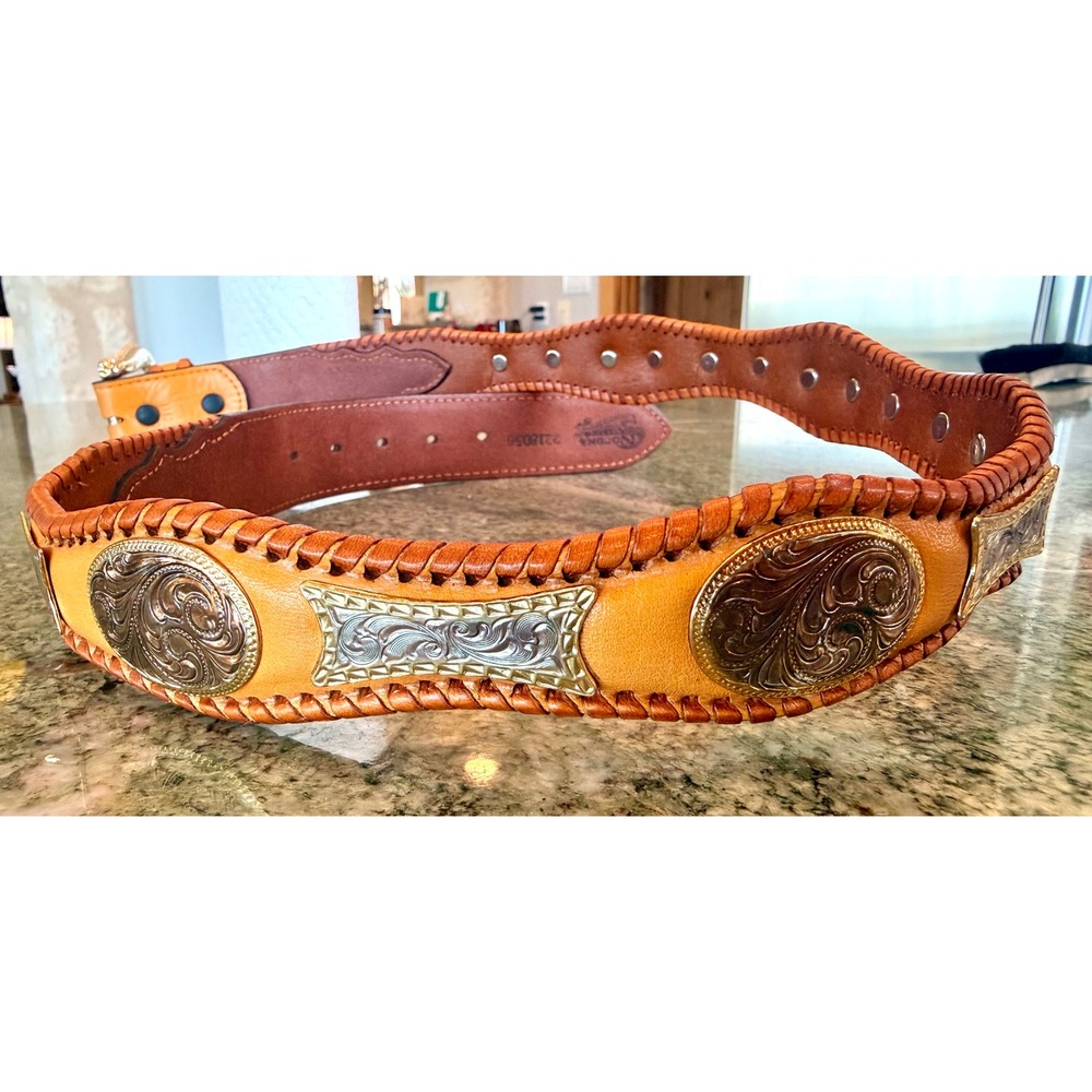 Vintage Nocona Western Concho Belt Hand Laced Leather Silver Tone USA
SZ 36